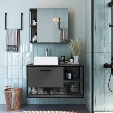 Gabinete Para Banheiro Suspenso com  Cuba e  Espelheira - Preto