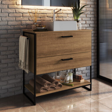 Gabinete para Banheiro - Chão com tampo - Mel - com Cuba Branca Quadrada