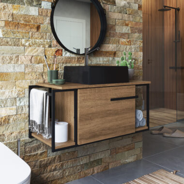 Gabinete para Banheiro - Ametista Mel - com Cuba Preta Quadrada